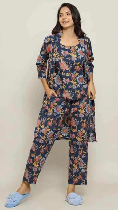 Blue Cotton Printed 3 PEICE Night Suit