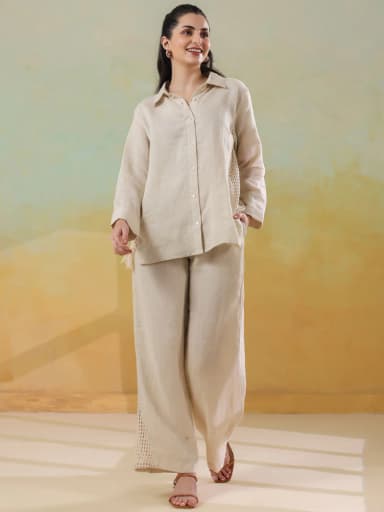 Cream Linen Shirt Collar Co-Ord-Set for Women