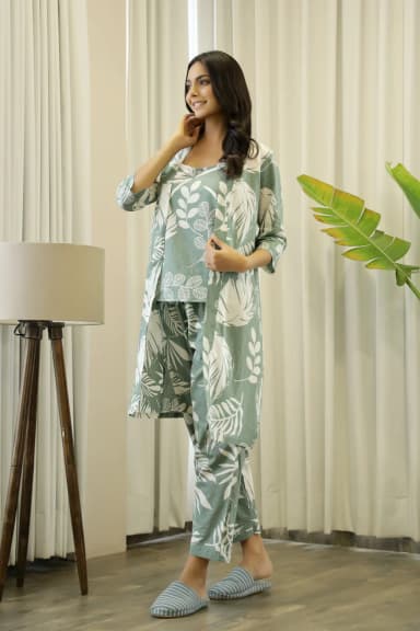 Green Cotton Printed 3 PEICE Night Suit Set