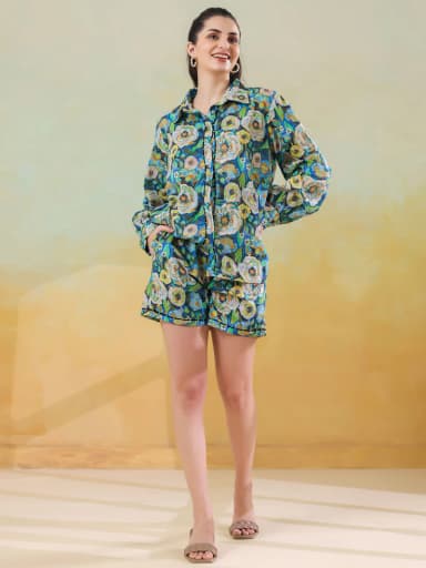 Blue Floral Shirt Collar Co-Ord-Set for Women and Girls