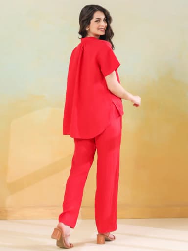 Red Solid Shirt Collar Co-ords Set for Women and Girls