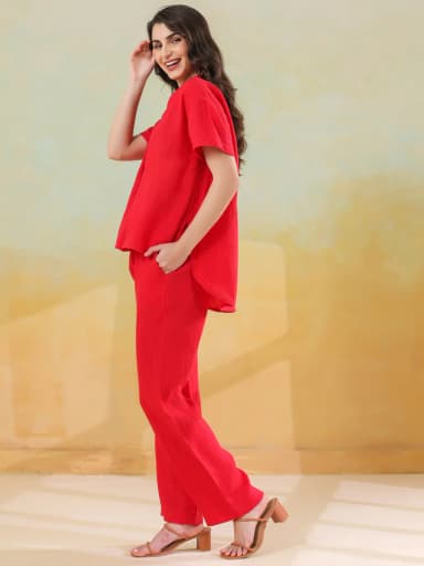 Red Solid Shirt Collar Co-ords Set for Women and Girls