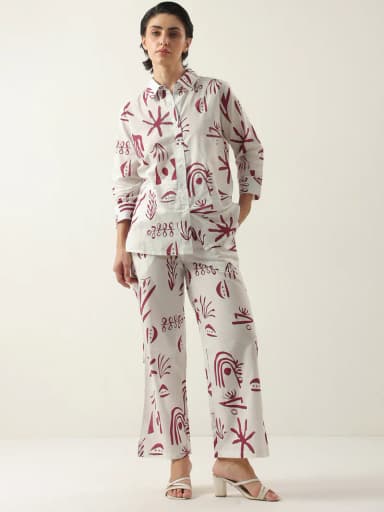 White Color Shirt Collar Cotton Printed Co-ords Set