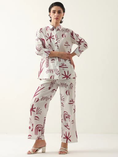 White Color Shirt Collar Cotton Printed Co-ords Set