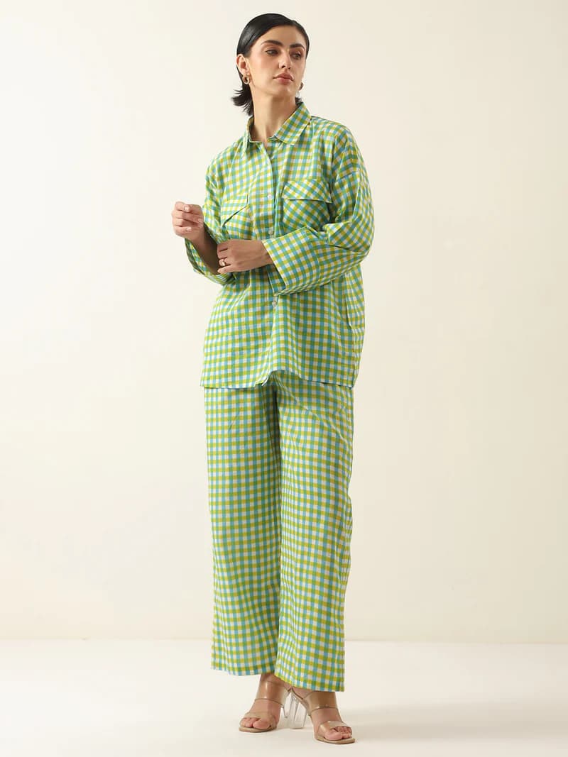 Green Color Check Printed Cotton Co-ords Set