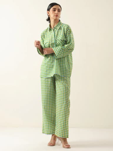 Green Color Check Printed Cotton Co-ords Set