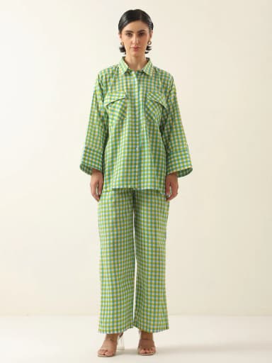 Green Color Check Printed Cotton Co-ords Set