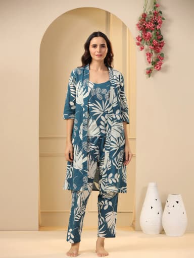 Teal Cotton Printed 3 PEICE Night Suit