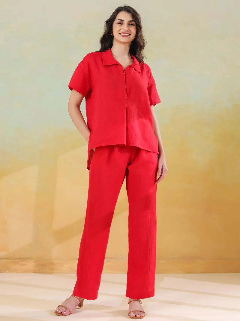 Red Solid Shirt Collar Co-ords Set for Women and Girls